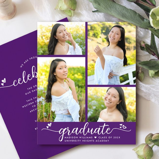 Purple Budget Graduation 4 Photo Script Invitation (Creator Uploaded)