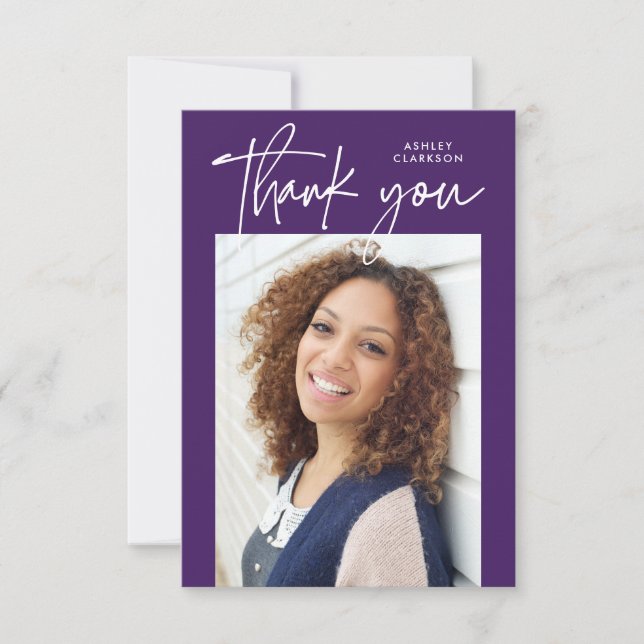 Purple Budget Modern Calligraphy Photo Graduation Thank You Card (Front)