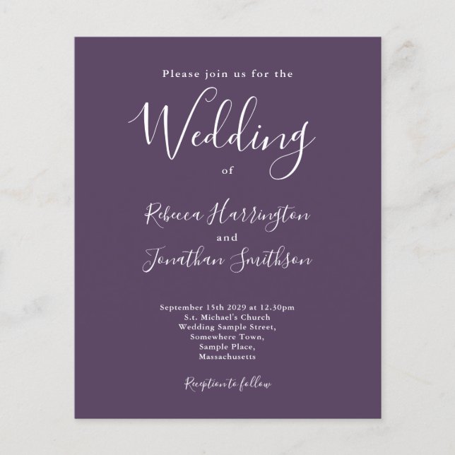 Purple Budget Modern Script Wedding Invitation (Front)