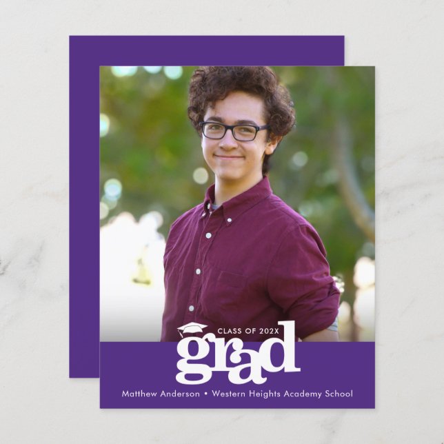 Purple Budget Photo Graduation Bold Cap Invitation (Front/Back)