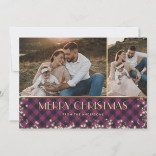Purple Buffalo Plaid Gold Photo Christmas Holiday Card