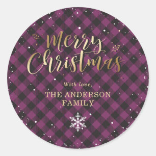 Purple Buffalo Plaid Gold Snow Christmas Classic Round Sticker