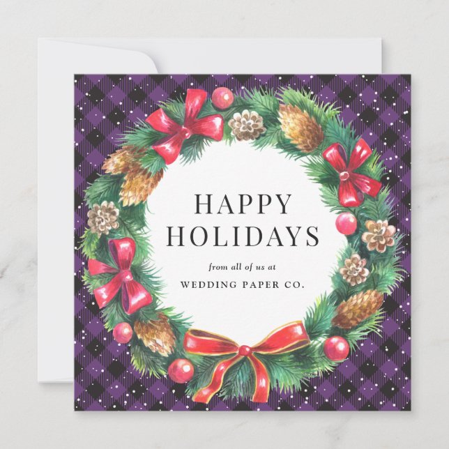 Purple Buffalo Plaid Holly Berries Wreath Business Holiday Card (Front)