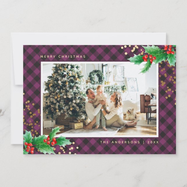 Purple Buffalo Plaid Holly Photo Christmas Cards (Front)
