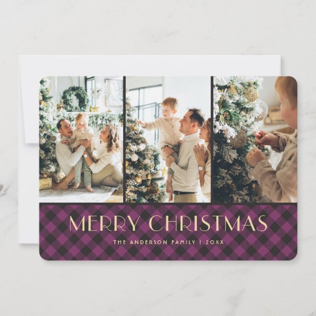Purple Buffalo Plaid Photo Collage Christmas Cards (Front)