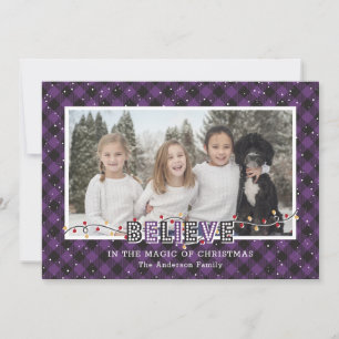 Purple Buffalo Plaid Snow Believe Photo Holiday Card