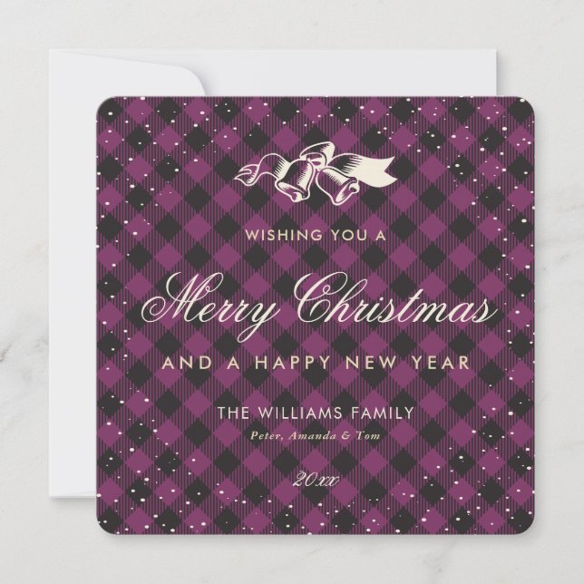 Purple Buffalo Plaid Snow Classic Holiday Card (Front)
