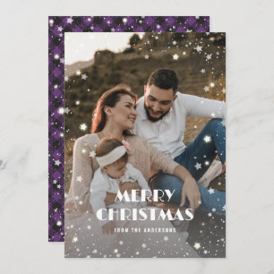 Purple Buffalo Plaid Snow Stars Photo Christmas Holiday Card