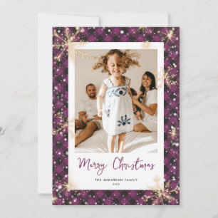 Purple Buffalo Plaid Sparkly Photo Christmas Cards