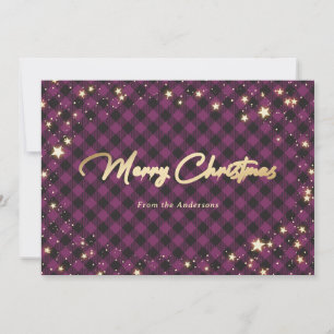 Purple Buffalo Plaid Stars Christmas Cards