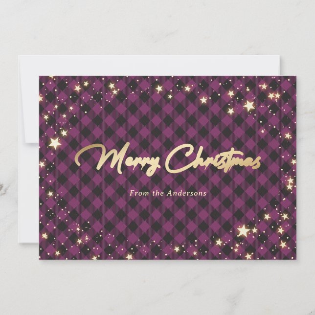 Purple Buffalo Plaid Stars Christmas Cards (Front)
