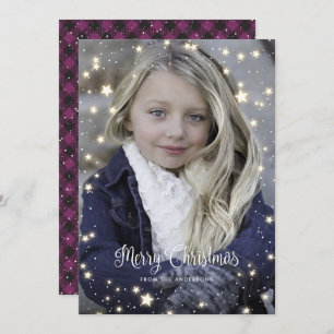 Purple Buffalo Plaid Stars Photo Christmas Cards