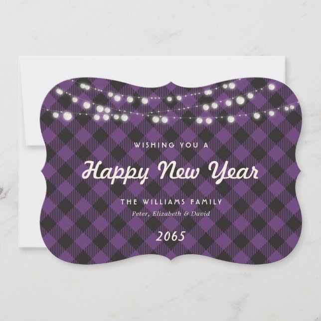 Purple Buffalo Plaid String Lights New Year Card (Front)