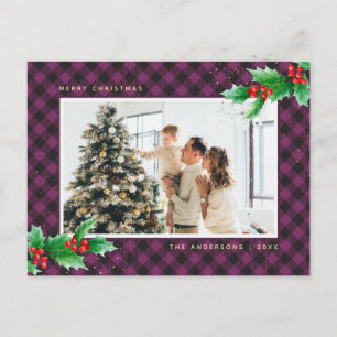 Purple Buffalo Plaid Watercolor Photo Christmas Holiday Postcard