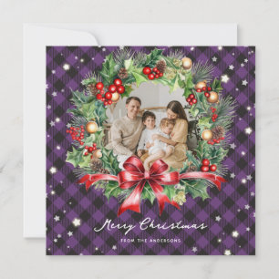 Purple Buffalo Plaid Wreath Stars Photo Christmas Holiday Card