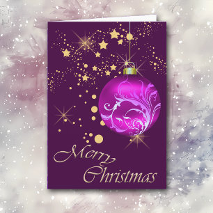 Purple Bulb Gold Stars Christmas Holiday Card
