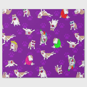 purple bulldog funny puppy dog whimsical paw print wrapping paper
