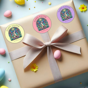 Purple Bunny Gardener Stained Glass Easter Classic Round Sticker