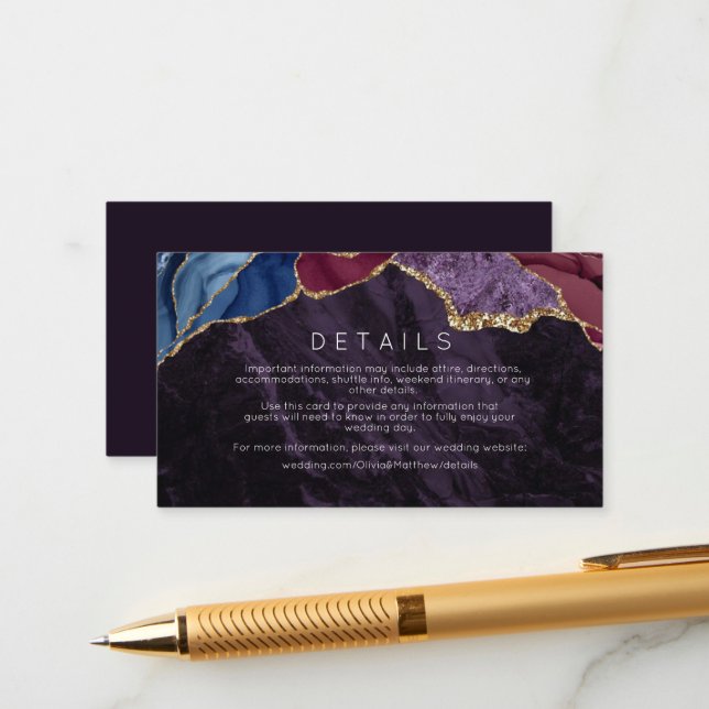 Purple Burgundy Agate & Gold Wedding Details Cards (Front/Back In Situ)