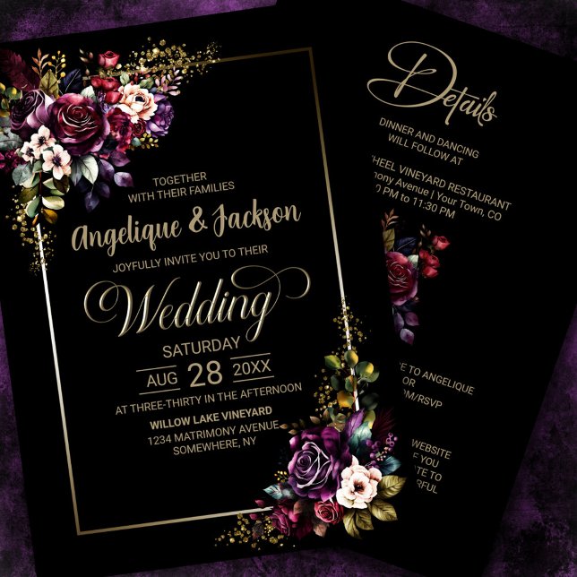 Purple Burgundy Black Floral All In One Wedding Invitation (Creator Uploaded)