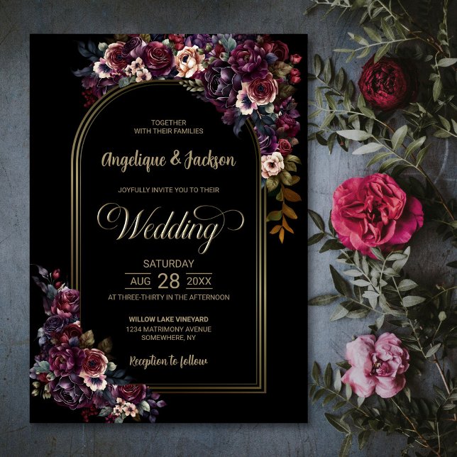 Purple Burgundy Black Floral Arch Wedding Invitation (Creator Uploaded)