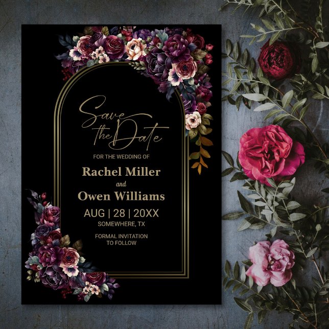 Purple Burgundy Black Floral Arch Wedding Save The Date (Creator Uploaded)