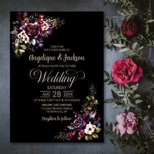 Purple Burgundy Black Floral Wedding Invitation