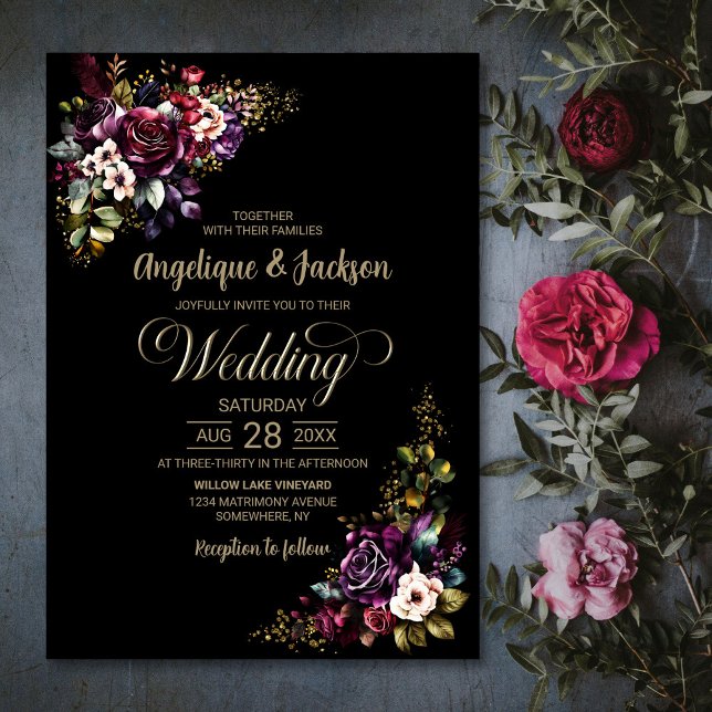 Purple Burgundy Black Floral Wedding Invitation (Creator Uploaded)