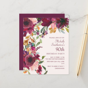 Purple Burgundy Floral 90th Birthday BUDGET