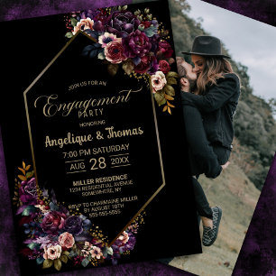Purple Burgundy Floral Black Engagement Party Invitation