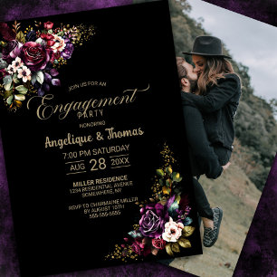 Purple Burgundy Floral Black Engagement Party Invitation