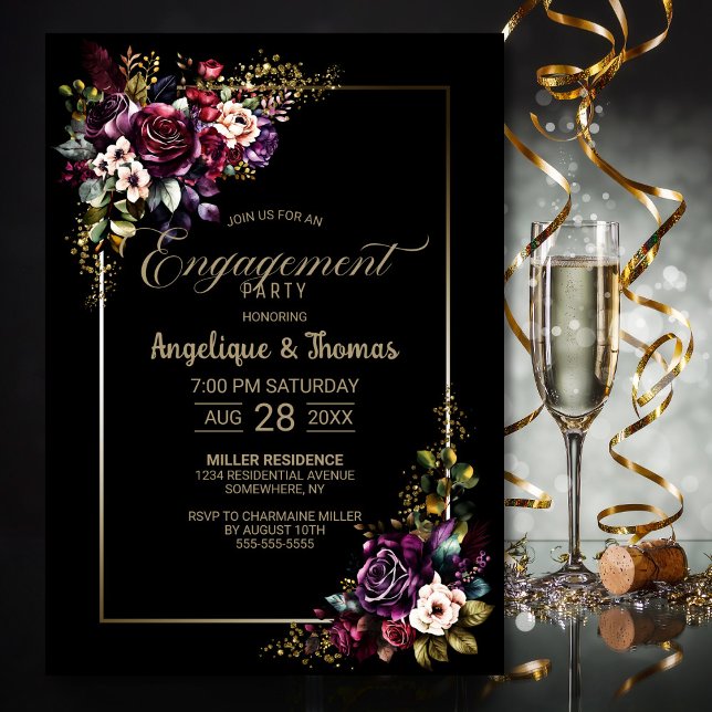 Purple Burgundy Floral Black Engagement Party Invitation (Creator Uploaded)