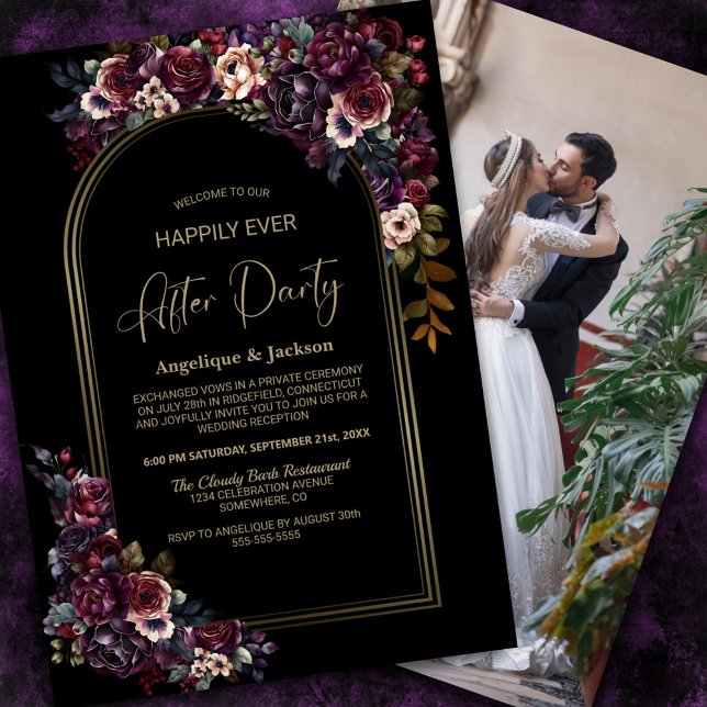 Purple Burgundy Floral Black Wedding After Party Invitation (Creator Uploaded)