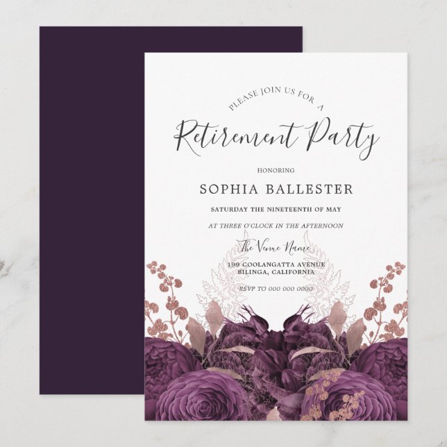 Purple Burgundy Floral Elegant Retirement Party Invitation (Front/Back)