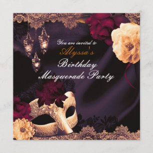 Purple & Burgundy Floral & Lace Masquerade Party Invitation