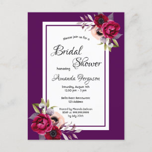 Purple burgundy florals bridal shower invitation postcard