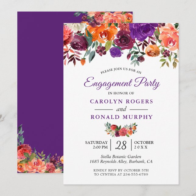 Purple Burgundy Orange Floral Engagement Party Invitation (Front/Back)