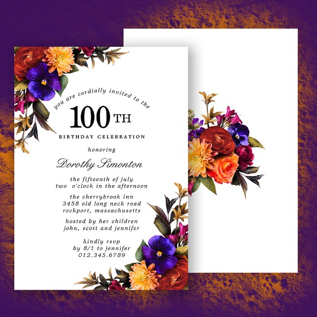 Purple Burgundy Yellow Floral 100th Birthday Party Invitation (Creator Uploaded)