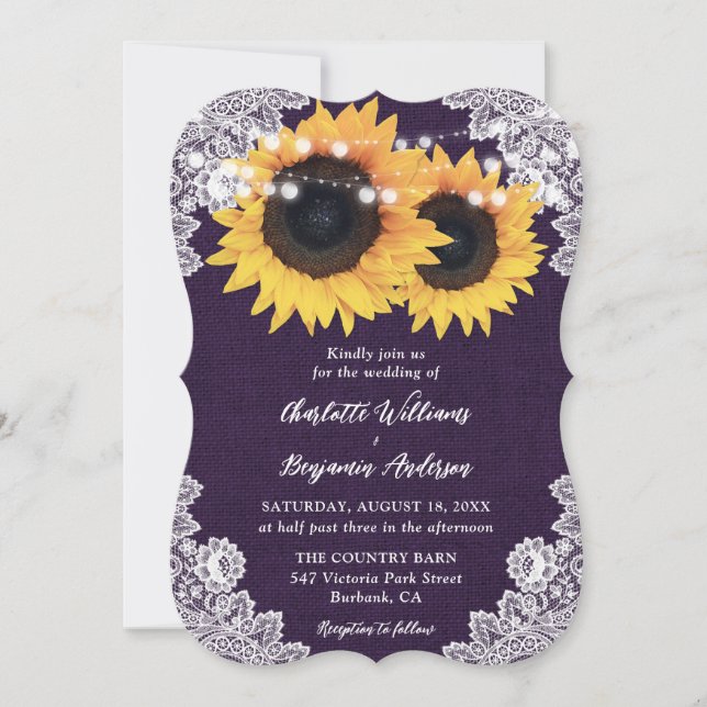 Purple Burlap Floral Lace Sunflower Wedding Invitation (Front)