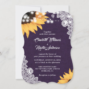 Purple Burlap Lace Sunflower Wedding Invitations