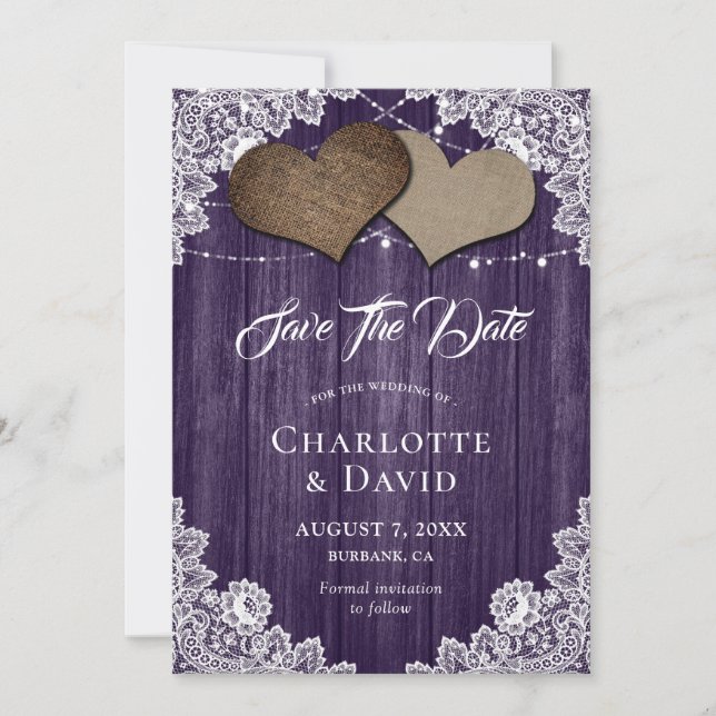 Purple Burlap Lace Wedding Save The Date Card (Front)