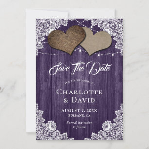 Purple Burlap Lace Wedding Save The Date Card