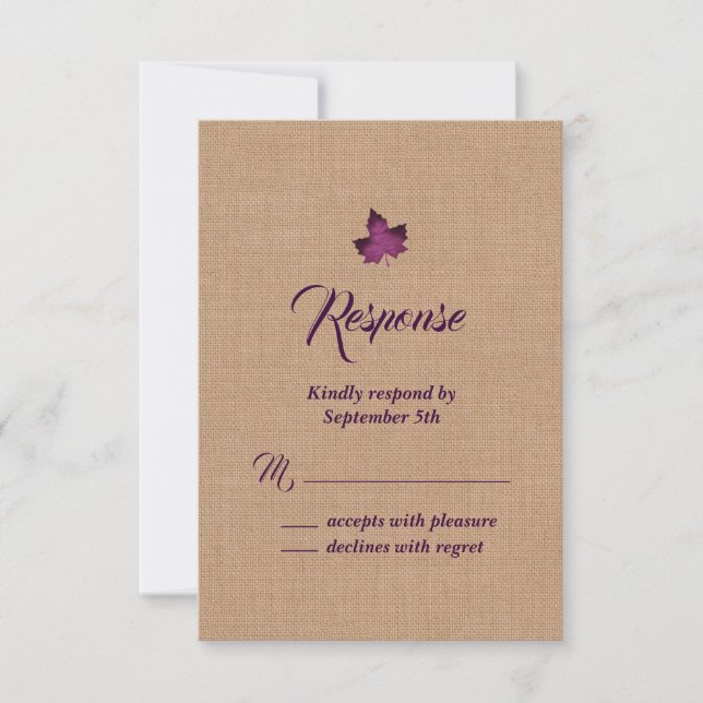 Purple Burlap Maple Leaf RSVP Card (Front)