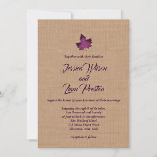 Purple Burlap Maple Leaf Wedding Invitation