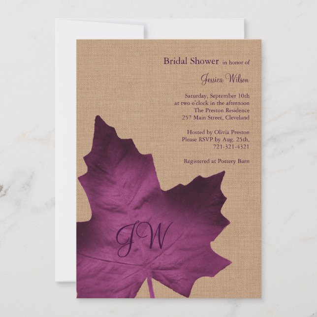 Purple Burlap Monogrammed Bridal Shower Invitation (Front)