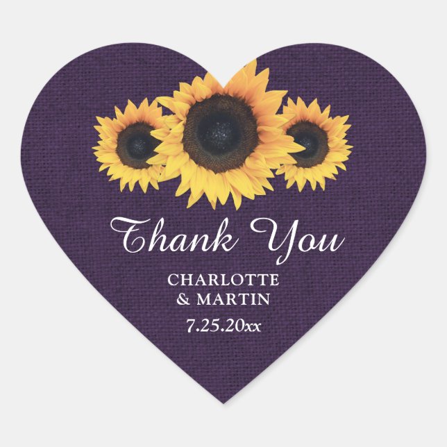 Purple Burlap Rustic Sunflower Wedding Thank You Heart Sticker (Front)