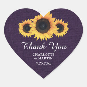 Purple Burlap Rustic Sunflower Wedding Thank You Heart Sticker