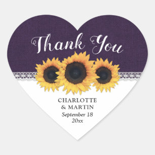 Purple Burlap Sunflower Wedding Thank You Heart Sticker