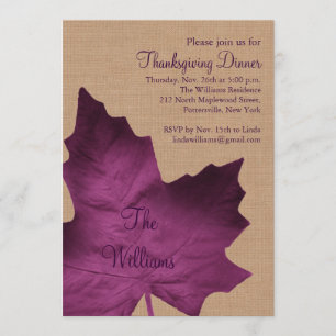 Purple Burlap Thanksgiving Dinner Invitation