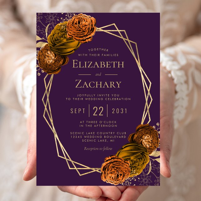 Purple Burnt Orange Floral Gold Geometric Wedding Invitation (Creator Uploaded)